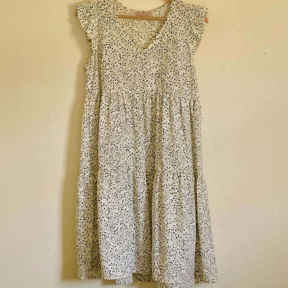 Women’s White Flutter Sleeve Dress with Blue Detail
